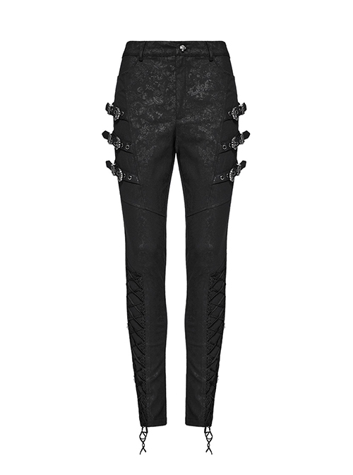 Exquisite Retro Black Printed Fabric Side Carved Japanese Style Buttons With Lace Rope Design Gothic Style Leggings