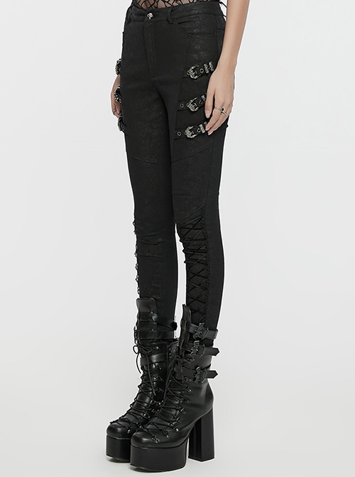 Exquisite Retro Black Printed Fabric Side Carved Japanese Style Buttons With Lace Rope Design Gothic Style Leggings