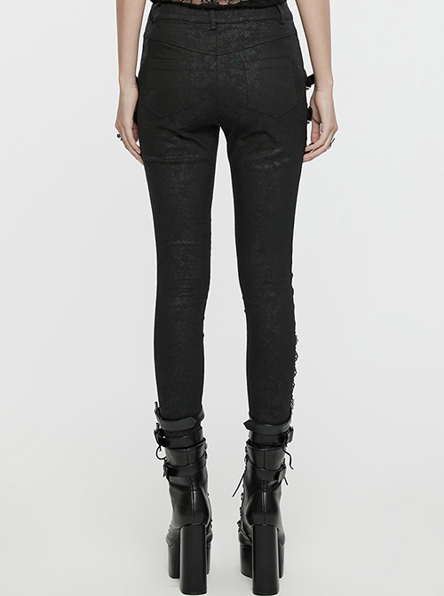 Exquisite Retro Black Printed Fabric Side Carved Japanese Style Buttons With Lace Rope Design Gothic Style Leggings