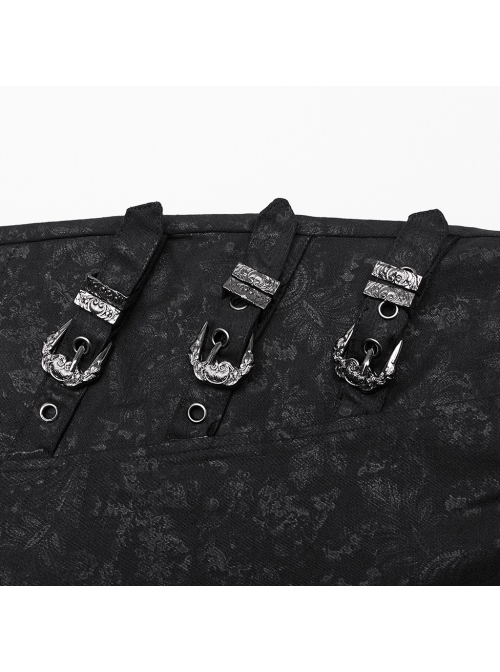 Exquisite Retro Black Printed Fabric Side Carved Japanese Style Buttons With Lace Rope Design Gothic Style Leggings