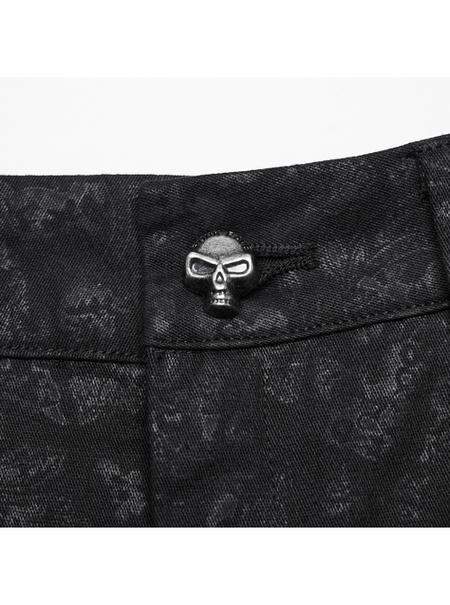 Exquisite Retro Black Printed Fabric Side Carved Japanese Style Buttons With Lace Rope Design Gothic Style Leggings