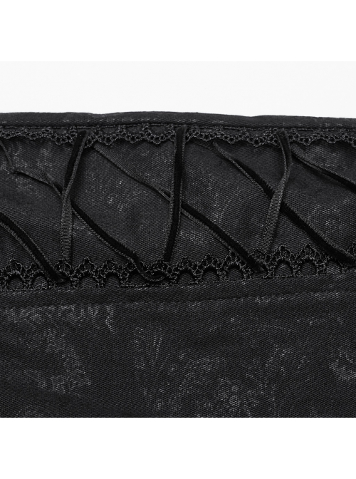 Exquisite Retro Black Printed Fabric Side Carved Japanese Style Buttons With Lace Rope Design Gothic Style Leggings