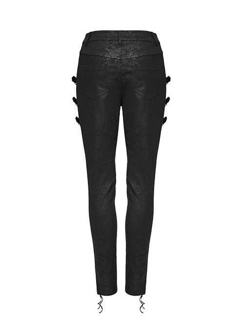 Exquisite Retro Black Printed Fabric Side Carved Japanese Style Buttons With Lace Rope Design Gothic Style Leggings