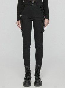 Black Stretch Twill Fabric White Patent Leather Skull Decoration On Both Sides And Snap Button Punk Style Tight Straight Pants