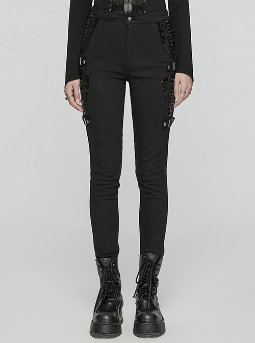 Black Stretch Twill Fabric White Patent Leather Skull Decoration On Both Sides And Snap Button Punk Style Tight Straight Pants
