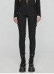 Black Stretch Twill Fabric White Patent Leather Skull Decoration On Both Sides And Snap Button Punk Style Tight Straight Pants