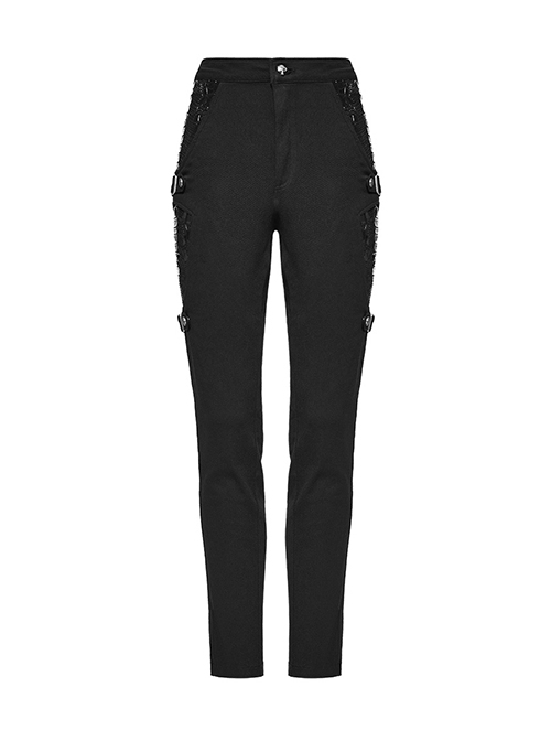 Black Stretch Twill Fabric White Patent Leather Skull Decoration On Both Sides And Snap Button Punk Style Tight Straight Pants