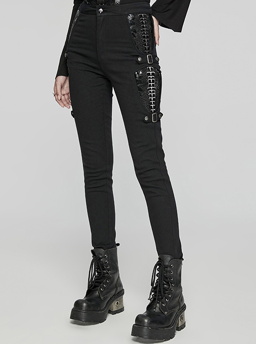 Black Stretch Twill Fabric White Patent Leather Skull Decoration On Both Sides And Snap Button Punk Style Tight Straight Pants