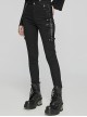 Black Stretch Twill Fabric White Patent Leather Skull Decoration On Both Sides And Snap Button Punk Style Tight Straight Pants