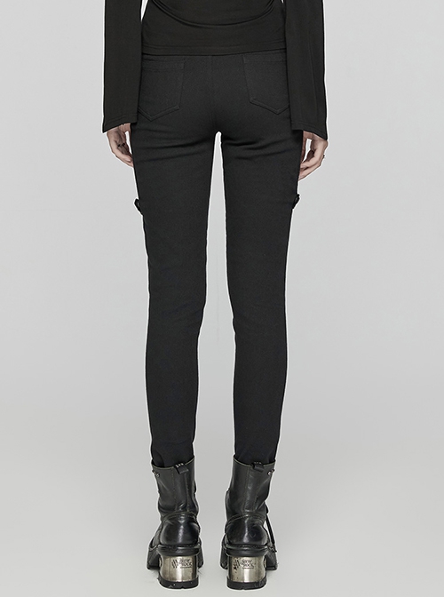 Black Stretch Twill Fabric White Patent Leather Skull Decoration On Both Sides And Snap Button Punk Style Tight Straight Pants