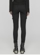 Black Stretch Twill Fabric White Patent Leather Skull Decoration On Both Sides And Snap Button Punk Style Tight Straight Pants