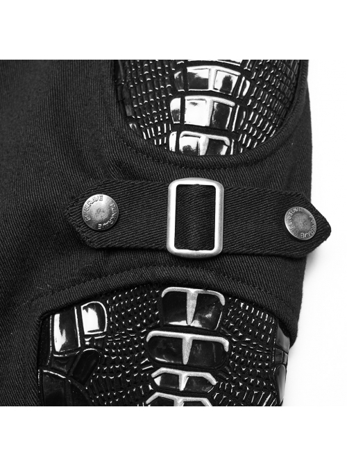 Black Stretch Twill Fabric White Patent Leather Skull Decoration On Both Sides And Snap Button Punk Style Tight Straight Pants