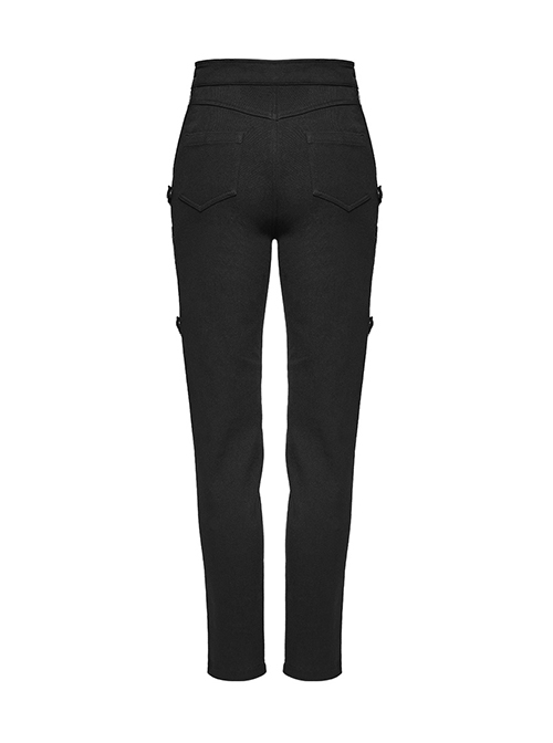 Black Stretch Twill Fabric White Patent Leather Skull Decoration On Both Sides And Snap Button Punk Style Tight Straight Pants