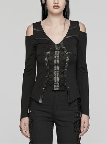 Rebellious Black Stretch Knitted Mesh Front Center Slit Tied With Rope Shoulder Hollow Design Punk Style Flared Sleeve T-Shirt