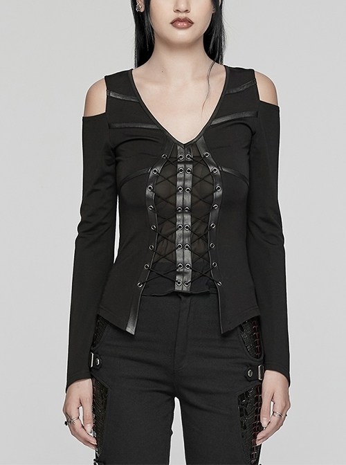 Rebellious Black Stretch Knitted Mesh Front Center Slit Tied With Rope Shoulder Hollow Design Punk Style Flared Sleeve T-Shirt