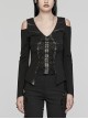 Rebellious Black Stretch Knitted Mesh Front Center Slit Tied With Rope Shoulder Hollow Design Punk Style Flared Sleeve T-Shirt
