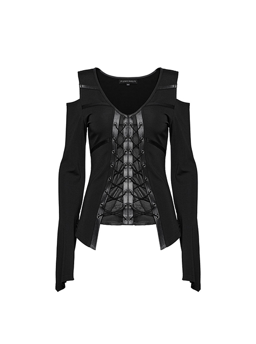 Rebellious Black Stretch Knitted Mesh Front Center Slit Tied With Rope Shoulder Hollow Design Punk Style Flared Sleeve T-Shirt