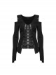 Rebellious Black Stretch Knitted Mesh Front Center Slit Tied With Rope Shoulder Hollow Design Punk Style Flared Sleeve T-Shirt