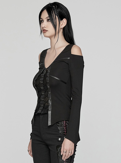 Rebellious Black Stretch Knitted Mesh Front Center Slit Tied With Rope Shoulder Hollow Design Punk Style Flared Sleeve T-Shirt