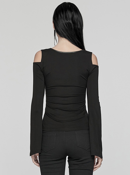 Rebellious Black Stretch Knitted Mesh Front Center Slit Tied With Rope Shoulder Hollow Design Punk Style Flared Sleeve T-Shirt
