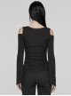Rebellious Black Stretch Knitted Mesh Front Center Slit Tied With Rope Shoulder Hollow Design Punk Style Flared Sleeve T-Shirt