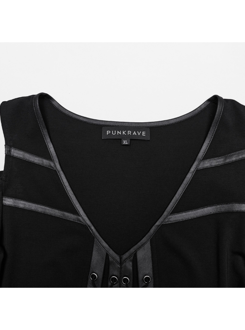 Rebellious Black Stretch Knitted Mesh Front Center Slit Tied With Rope Shoulder Hollow Design Punk Style Flared Sleeve T-Shirt