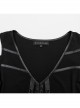 Rebellious Black Stretch Knitted Mesh Front Center Slit Tied With Rope Shoulder Hollow Design Punk Style Flared Sleeve T-Shirt