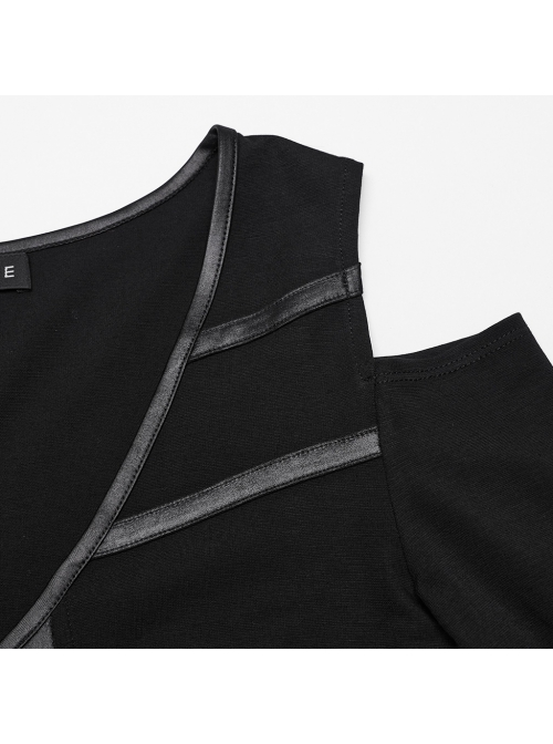 Rebellious Black Stretch Knitted Mesh Front Center Slit Tied With Rope Shoulder Hollow Design Punk Style Flared Sleeve T-Shirt
