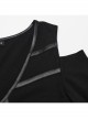 Rebellious Black Stretch Knitted Mesh Front Center Slit Tied With Rope Shoulder Hollow Design Punk Style Flared Sleeve T-Shirt