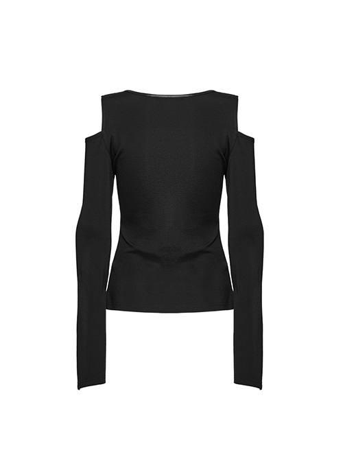 Rebellious Black Stretch Knitted Mesh Front Center Slit Tied With Rope Shoulder Hollow Design Punk Style Flared Sleeve T-Shirt
