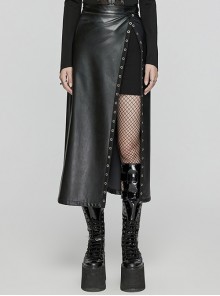 Personalized Oblique Slit Black Faux Leather Front Center Metal Eyelet Decoration Punk Style Zipper Skirt