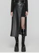 Personalized Oblique Slit Black Faux Leather Front Center Metal Eyelet Decoration Punk Style Zipper Skirt
