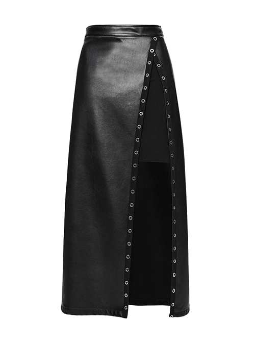 Personalized Oblique Slit Black Faux Leather Front Center Metal Eyelet Decoration Punk Style Zipper Skirt