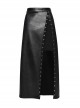 Personalized Oblique Slit Black Faux Leather Front Center Metal Eyelet Decoration Punk Style Zipper Skirt