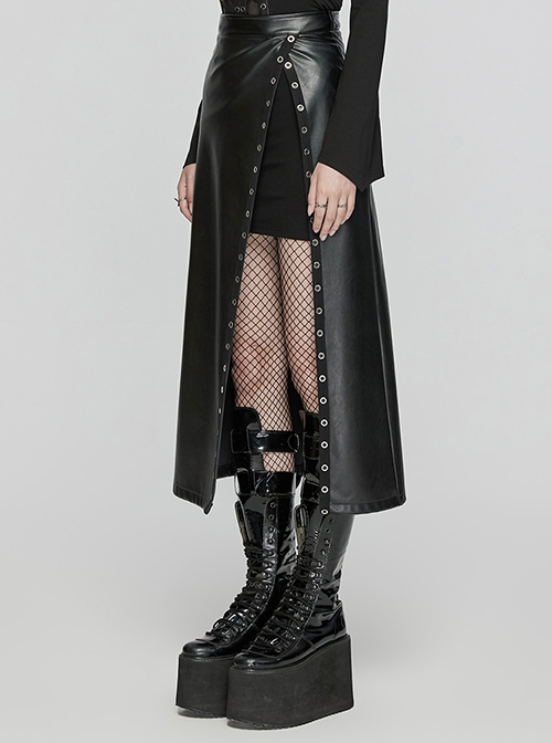 Personalized Oblique Slit Black Faux Leather Front Center Metal Eyelet Decoration Punk Style Zipper Skirt