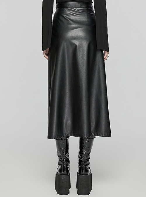 Personalized Oblique Slit Black Faux Leather Front Center Metal Eyelet Decoration Punk Style Zipper Skirt