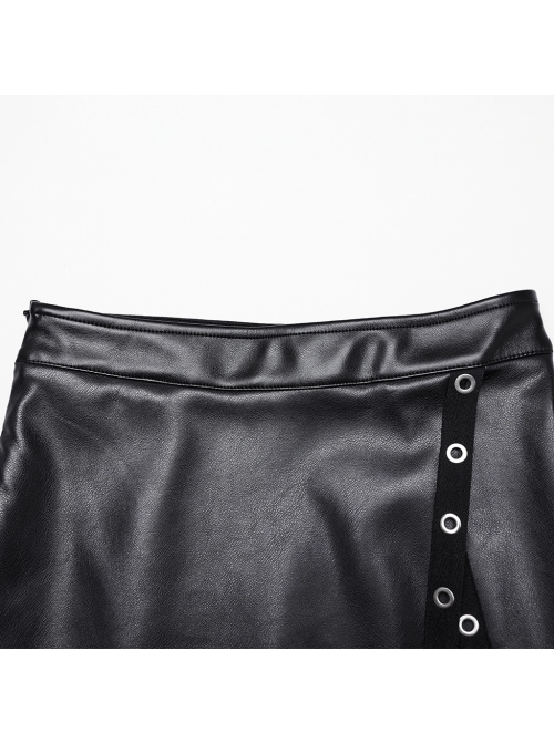 Personalized Oblique Slit Black Faux Leather Front Center Metal Eyelet Decoration Punk Style Zipper Skirt