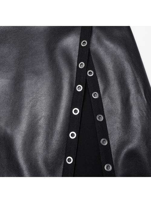 Personalized Oblique Slit Black Faux Leather Front Center Metal Eyelet Decoration Punk Style Zipper Skirt