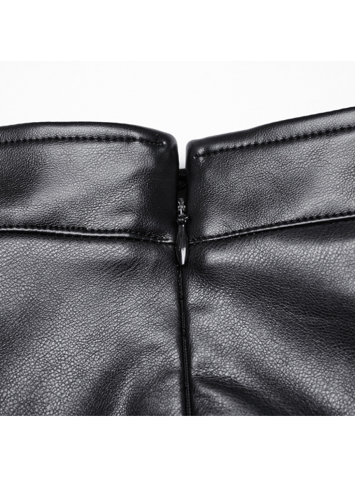 Personalized Oblique Slit Black Faux Leather Front Center Metal Eyelet Decoration Punk Style Zipper Skirt
