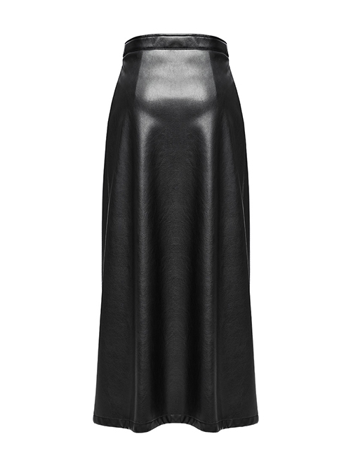 Personalized Oblique Slit Black Faux Leather Front Center Metal Eyelet Decoration Punk Style Zipper Skirt