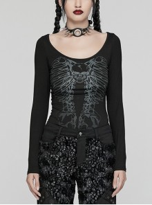 Black Stretch Knit Skull Print With Back Hollow Chain Design Punk Style Long Sleeve T-Shirt