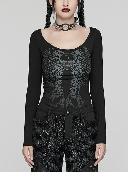 Black Stretch Knit Skull Print With Back Hollow Chain Design Punk Style Long Sleeve T-Shirt