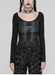 Black Stretch Knit Skull Print With Back Hollow Chain Design Punk Style Long Sleeve T-Shirt