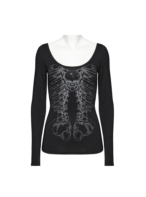 Black Stretch Knit Skull Print With Back Hollow Chain Design Punk Style Long Sleeve T-Shirt