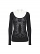 Black Stretch Knit Skull Print With Back Hollow Chain Design Punk Style Long Sleeve T-Shirt