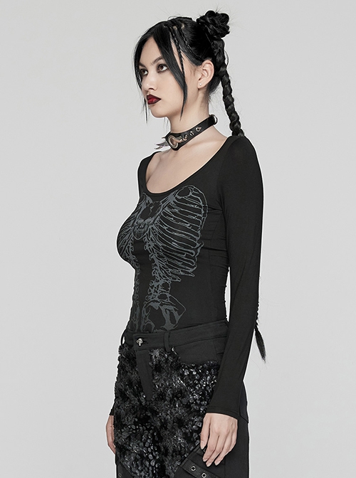Black Stretch Knit Skull Print With Back Hollow Chain Design Punk Style Long Sleeve T-Shirt