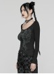 Black Stretch Knit Skull Print With Back Hollow Chain Design Punk Style Long Sleeve T-Shirt