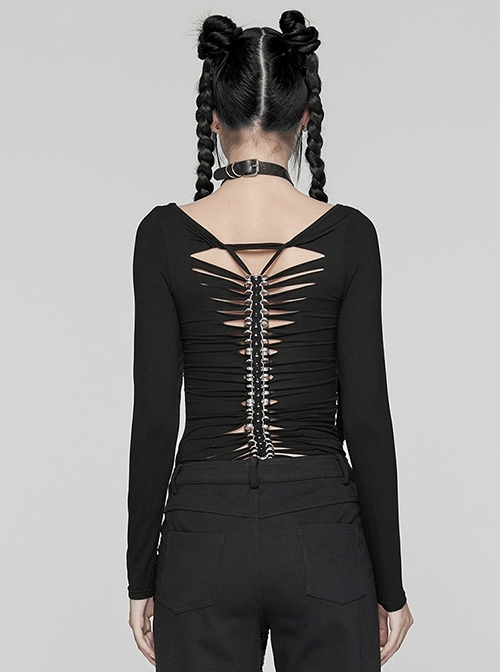 Black Stretch Knit Skull Print With Back Hollow Chain Design Punk Style Long Sleeve T-Shirt