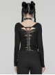Black Stretch Knit Skull Print With Back Hollow Chain Design Punk Style Long Sleeve T-Shirt