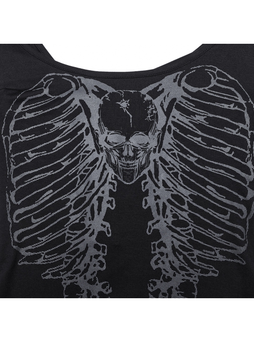 Black Stretch Knit Skull Print With Back Hollow Chain Design Punk Style Long Sleeve T-Shirt